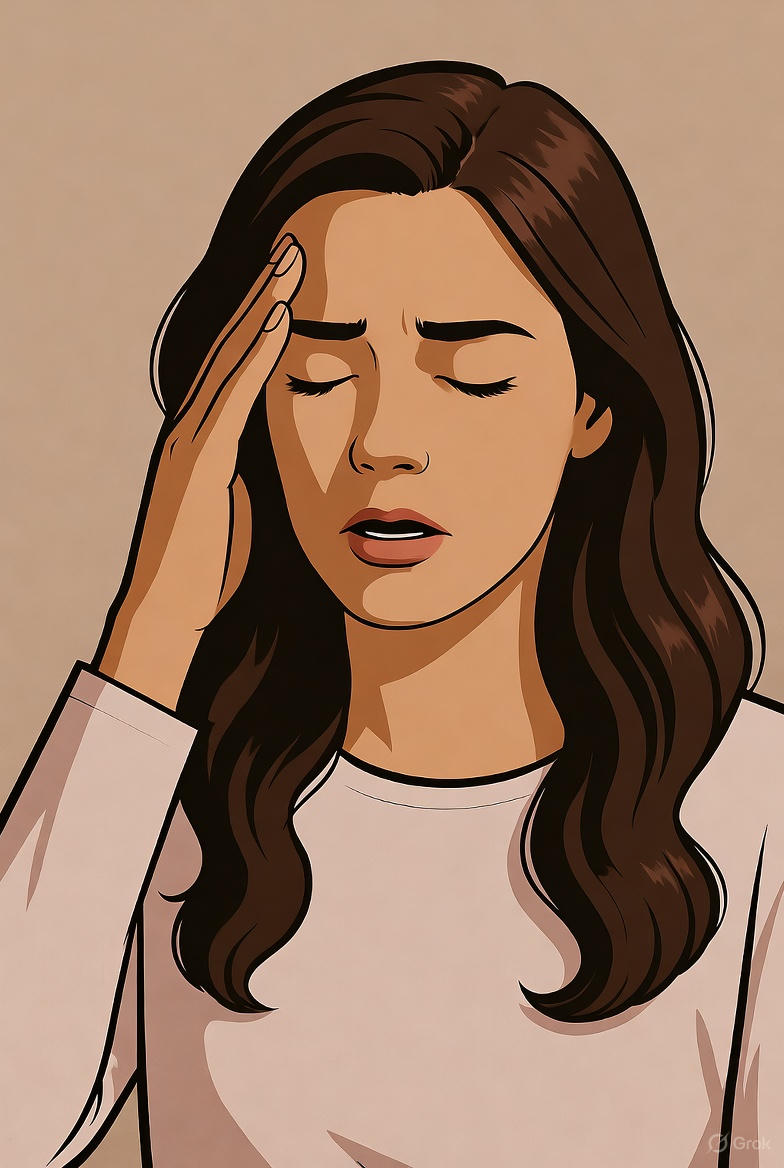 image of a woman with brain fog holding her hand on her head worrying
